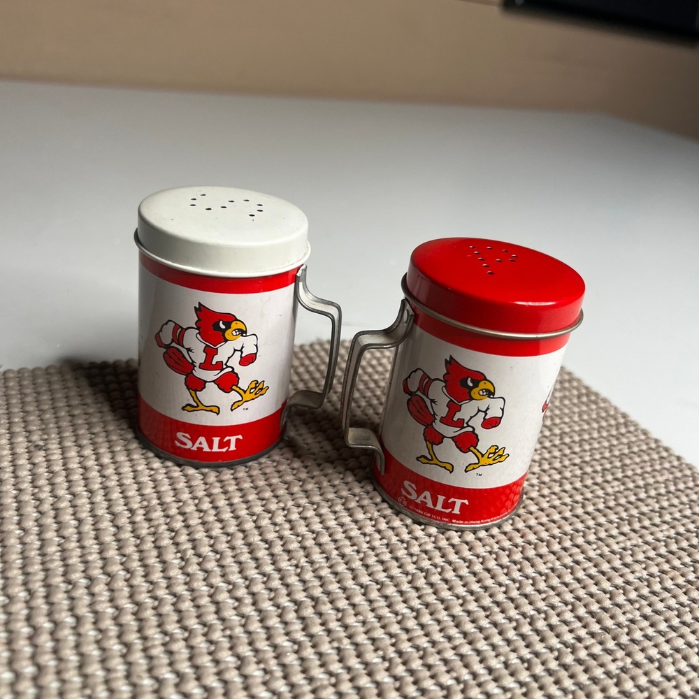 Vintage 1986 Louisville Cardinals Salt and Pepper Shakers Tin Mascot Giftco NCAA